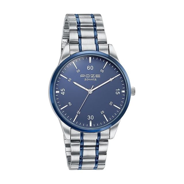 Sonata Poze Quartz Analog Blue Dial Metal Strap Watch for Men